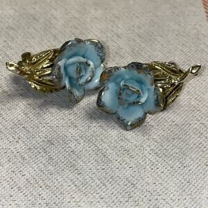 Signed Vintage Enamel Coro Blue and Gold Clip On Earrings​
